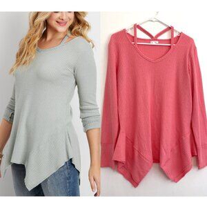 MAURICES Waffle Knit Tunic Top with Hanky Hem Pink Thermal Long Sleeve Boho L